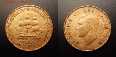 МОНЕТЫ МИРА 10-16 - Южная Африка – 1 пенни (1946) «Парусник; Георг VI» (d-31мм)