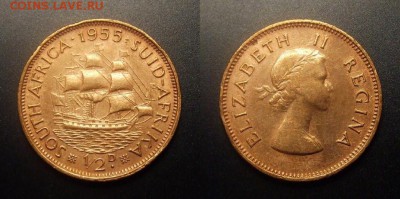 МОНЕТЫ МИРА 10-16 - Южная Африка - 0,5 пенни (1955) «Парусник; Елизавета II»