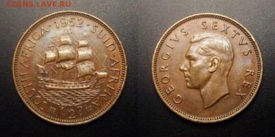 МОНЕТЫ МИРА 10-16 - Южная Африка – 0,5 пенни (1952) «Парусник; Георг VI» (XF)
