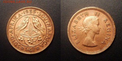 МОНЕТЫ МИРА 10-16 - Южная Африка - 0,25 пенни (фартинг) (1955) «Воробьи; Елизавета II»
