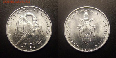 МОНЕТЫ МИРА 10-16 - Ватикан – 5 лир (1974) «Легенда о пеликане, кормящих птенцов своей кровью»