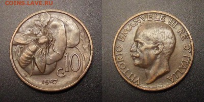 МОНЕТЫ МИРА 10-16 - Италия – 10 чентезимо (1927) «Пчела» бронза