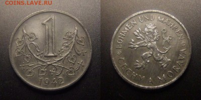 МОНЕТЫ МИРА 10-16 - Богемия и Моравия – 1 крона (1942) цинк (XF)