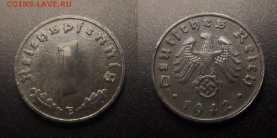 МОНЕТЫ МИРА 10-16 - Германия (3-й Рейх) – 1 рейхспфенниг (1942 Е) цинк (XF)