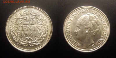 МОНЕТЫ МИРА 10-16 - Нидерланды – 25 центов (1941) «Королева Вильгельмина» (Ag)