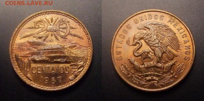 МОНЕТЫ МИРА 10-16 - Мексика – 20 сентаво (1967) «Пирамида Солнца (герб тип №2)» штемп. блеск (аUNC)