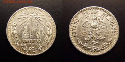 МОНЕТЫ МИРА 10-16 - Мексика – 20 сентаво (1939) (Ag) (XF)