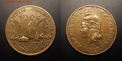 МОНЕТЫ МИРА 10-16 - Франц. Полинезия – 100 франков (1987) «Скалы, проа и хижина»
