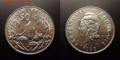МОНЕТЫ МИРА 10-16 - Франц. Полинезия – 50 франков (1988) «Скалы, проа и хижина»