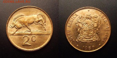 МОНЕТЫ МИРА 10-16 - ЮАР – 2 цента (1989) «Антилопа гну; старый герб» (аUNC)