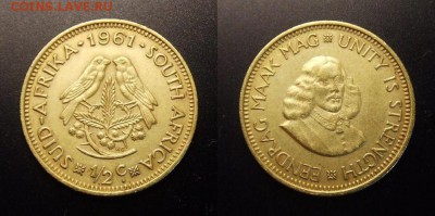 МОНЕТЫ МИРА 10-16 - ЮАР – 0,5 цента (1961) «Воробьи; исследователь Ян ван Рибек» (XF) №1