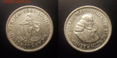 МОНЕТЫ МИРА 10-16 - ЮАР – 10 центов (1961) «Древнеримская богиня; исследователь Ян ван Рибек» (Ag) №1