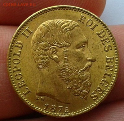 20 франков 1875г Бельгия Леопольд 2 UNC - Фото-0334