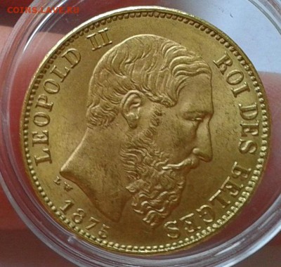 20 франков 1875г Бельгия Леопольд 2 UNC - Фото-0322