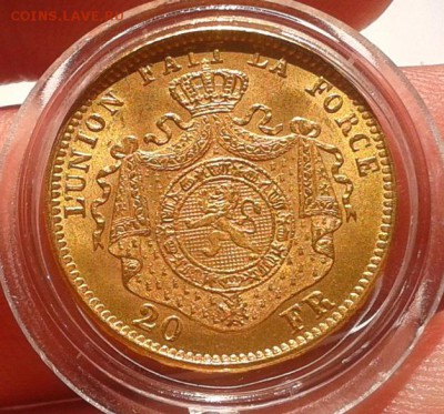20 франков 1875г Бельгия Леопольд 2 UNC - Фото-0303