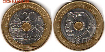 триметалл! Франция 20 Франков 1994 Пьер де Кубертен - 32fr6