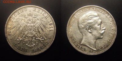 Германия 3 марки (1911 А) Вильгельм II до 09.11.16 (22.00) - Германия (Пруссия) – 3 марки (1911 А) «Вильгельм II» Ag