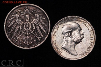Австрия 1 корона 1908 60 лет на престоле+Германия марка 1908 - austria corona1