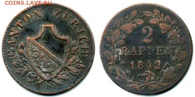 Монеты Швейцарских кантонов. - Швейцария Цурих 2 раппена 1842 D KM-195