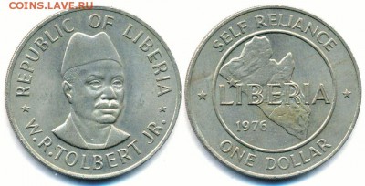 Либерия, 1 доллар 1970 г., 1976 г. - Либерия 1 доллар 1976 KM-32 370