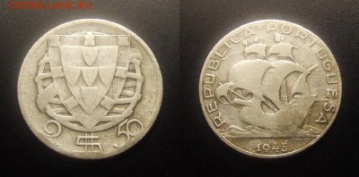 МОНЕТЫ МИРА 11-16 - Португалия – 2,5 эскудо (1945) «Парусник» (Ag)