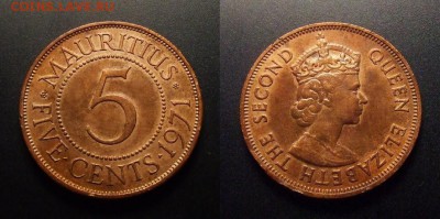 МОНЕТЫ МИРА 11-16 - Брит. Маврикий – 5 центов (1971) «Елизавета II» (XF)