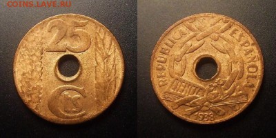 МОНЕТЫ МИРА 11-16 - Испания – 25 сентимо (1938) медь №1