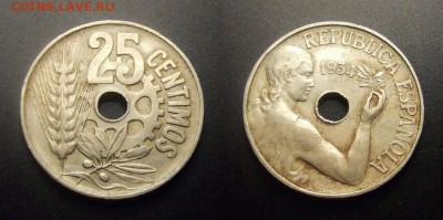 МОНЕТЫ МИРА 11-16 - Испания – 25 сентимо (1934) «Девушка с оливковой ветвью»