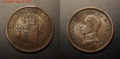 МОНЕТЫ МИРА 11-16 - Испания – 2 сентимо (1912) «Альфонсо XIII – король Испании» медь