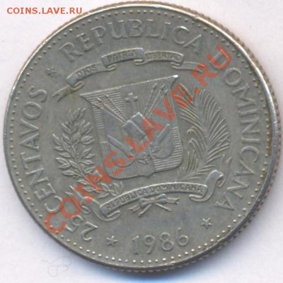 Доминикана 25 центаво.  1986 г. До 6.01.11 г. 20-00 МСК. - Доминикана.1