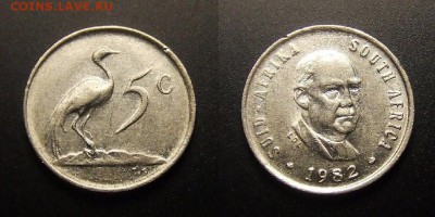 МОНЕТЫ МИРА 11-16 - ЮАР – 5 центов (1982) «Синий журавль; президент Бальтазар  Форстер»
