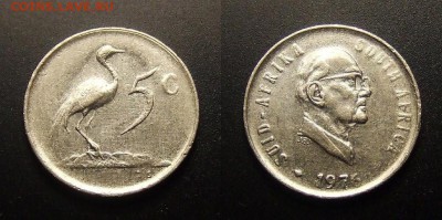 МОНЕТЫ МИРА 11-16 - ЮАР – 5 центов (1976) «Синий журавль; президент Якобус Фуше»