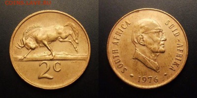 МОНЕТЫ МИРА 11-16 - ЮАР – 2 цента (1976) «Антилопа гну; президент Якобус Фуше»