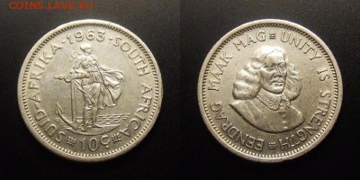 МОНЕТЫ МИРА 11-16 - ЮАР – 10 центов (1963) «Древнеримская богиня; исследователь Ян ван Рибек» (Ag)