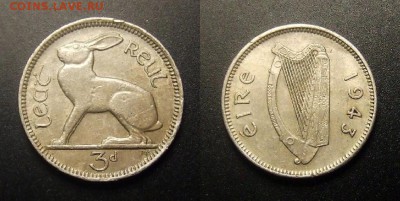 МОНЕТЫ МИРА 11-16 - Ирландия – 3 пенса (1943) «Заяц»