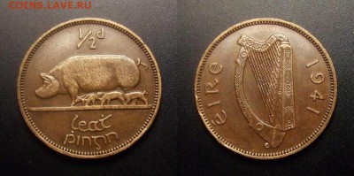 МОНЕТЫ МИРА 11-16 - Ирландия – 0,5 пенни (1941) «Свиноматка»