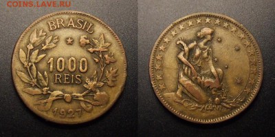 МОНЕТЫ МИРА 11-16 - Бразилия – 1000 рейс (1927) «Богиня с рогом изобилия» №1