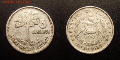 МОНЕТЫ МИРА 11-16 - Гватемала – 5 сентаво (1952) «Дерево» (Ag)
