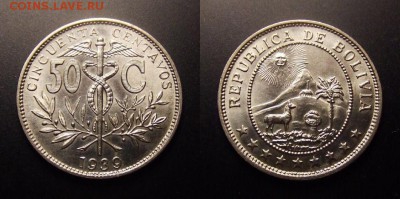 МОНЕТЫ МИРА 11-16 - Боливия – 50 сентаво (1939) медь-ник. (UNC) №1