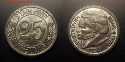 МОНЕТЫ МИРА 11-16 - Германия (Бонн) – 25 пфеннигов (1920) «Бетховен» (нотгельд) (XF+) №1