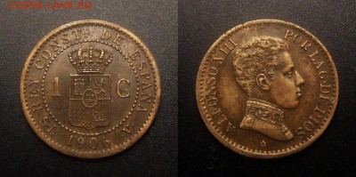 МОНЕТЫ МИРА 11-16 - Испания – 1 сентимо (1906 SL-V) «Альфонсо XIII – король Испании» бронза №3