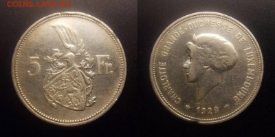 МОНЕТЫ МИРА 11-16 - Люксембург – 5 франков (1929) «Шарлотта» (Ag)