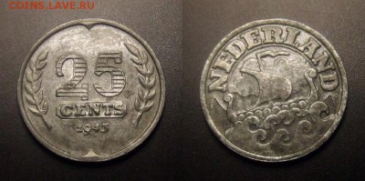 МОНЕТЫ МИРА 11-16 - Нидерланды – 25 центов (1943) «Немецкая оккупация; ладья» (цинк)