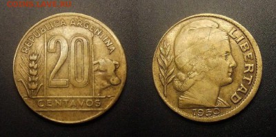 МОНЕТЫ МИРА 11-16 - Аргентина - 20 сентаво (1950) «Колос и корова»