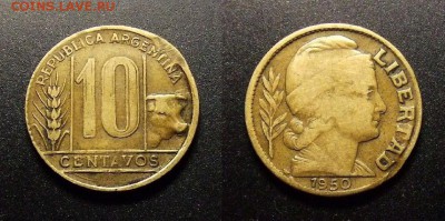 МОНЕТЫ МИРА 11-16 - Аргентина - 10 сентаво (1950) «Колос и корова»