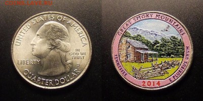 МОНЕТЫ МИРА 11-16 - США – 25 центов (2014) «Теннеси; нац. парк Грейт-Смоки-Майнтинс» (цв. эмаль)