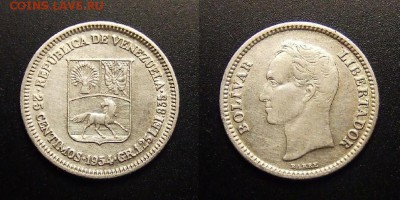 МОНЕТЫ МИРА 11-16 - Венесуэла – 25 сентимо (1954) (Ag) (XF)