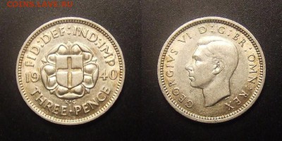 МОНЕТЫ МИРА 11-16 - Великобритания – 3 пенса (1940) «Щит; Георг VI» Ag (XF)
