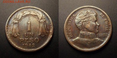 МОНЕТЫ МИРА 11-16 - Чили – 1 песо (1942) «Бернардо Хиггинс» медь