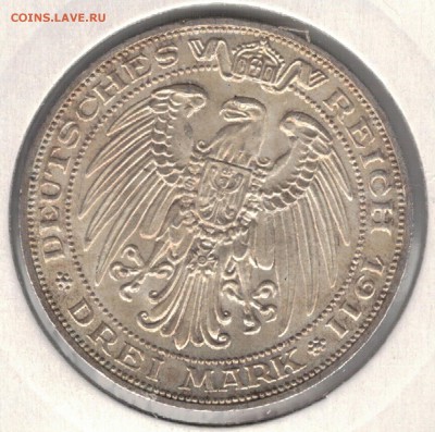 Ag ГЕРМАНИЯ (ПРУССИЯ) 3 МАРКИ 1911А БРЕСЛАУ 01.12-22Ч (Д74) - 5-г1911а